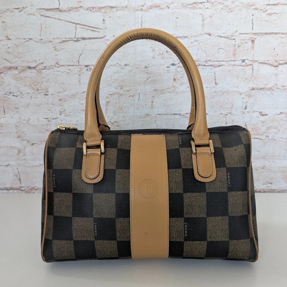 Fendi Pequin Boston Checkered Tan and Black Women's Handbag - Picture 1 of 12